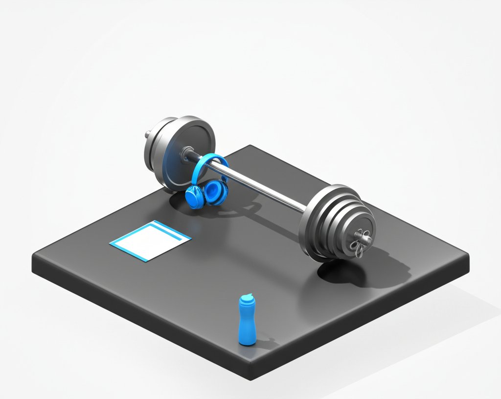 Weight training music powering intense gym workouts. Man lifts weights with headphones.