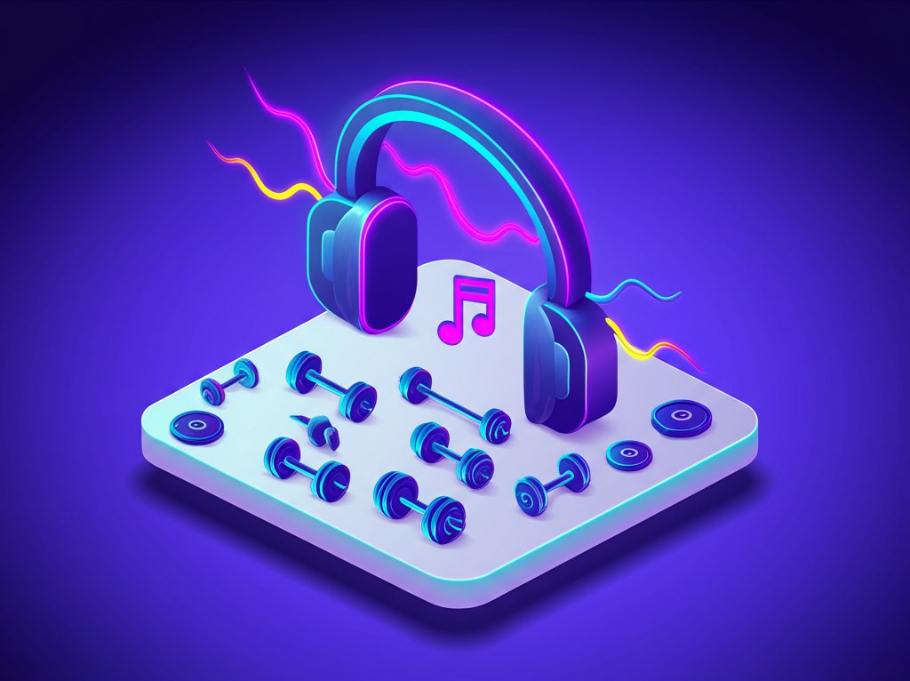 Weightlifter focused with headphones, showing a powerful workout playlist boosting performance.